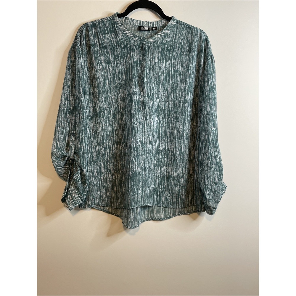 a.n.a A New Approach Petite XL Teal White Marled Blouse Long Sleeve Casual